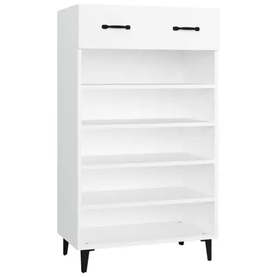 A white shoe cabinet with black handles and legs, shown against a white background.