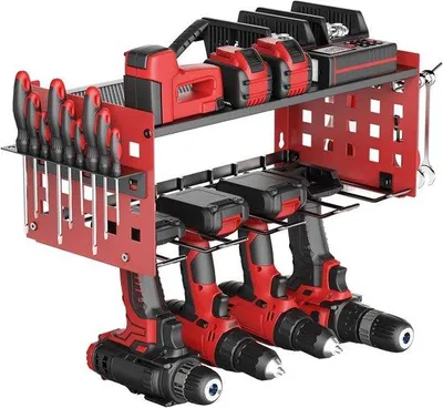 Produktbild von 2-lag-Opbergschrank für elektrisches Werkzeug und 4 Bohrhalter, Wandregal für Garage und Werkstatt - rot.
