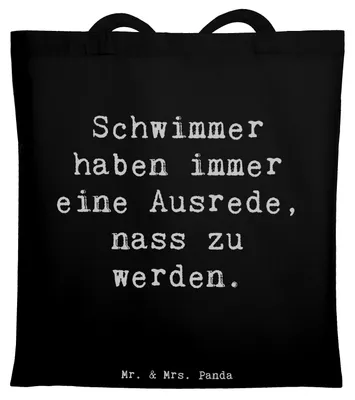 Produktbild von Mr. & Mrs. Panda Tote Bag Spruch Schwimmen Ausrede - Schwarz - Geschenk, Sportler Geschenke, Laptoptasche, Sportart, Jutetasche, Tasche, Uni, Freistilschwimmen, Beutel