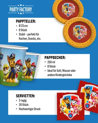 Produktbild von Paw Patrol Party Paket 47tlg mit Tellern Bechern Servietten Wimpelkette Ballons