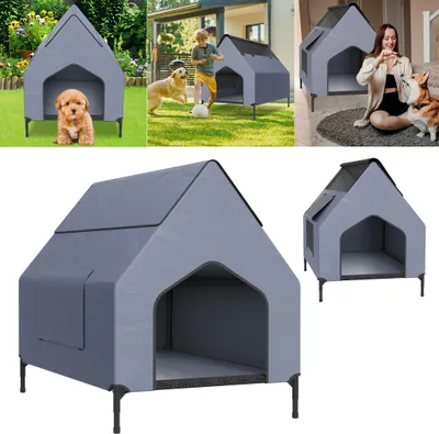 Image de LZQ Lit pour chien Outdoor couvert, 130x85x113 cm, matériau Oxford imperméable et résistant aux éraflures & tissu filet respirant, lit surélevé pour chien avec pieds amovibles, taille L