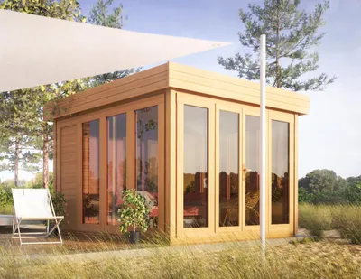 Produktbild von Flachdach-Gartenhaus Sonneninsel - 3,50 x 3,50 Meter aus 28 mm Blockbohlen