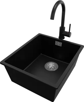 Produktbild von PRIMAGRAN Granitspüle Schwarz 41x47cm, Spülbecken 1 Becken + Küchenarmatur 32x20cm + Ablauf-Set, Küchenspüle ab 45er Unterschrank - London Slim