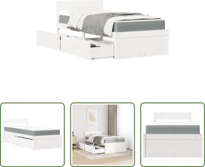 Produktbild von The Living Store Bett mit Schubladen und Matratze Weiß 100x200 cm Massivholz