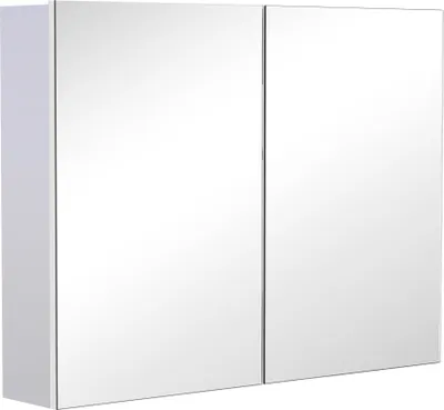 A white, two-door medicine cabinet with mirrored fronts is shown against a white background.