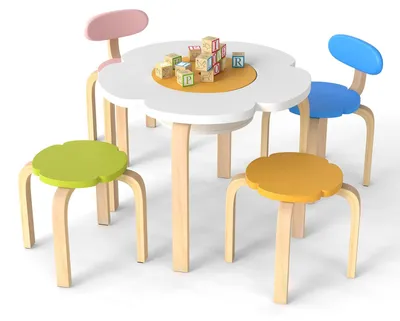 Produktbild von FANTASK Kindertisch Holz mit 4 Stühlen, Kinder Tisch Stuhl Set mit Stauram, Kind