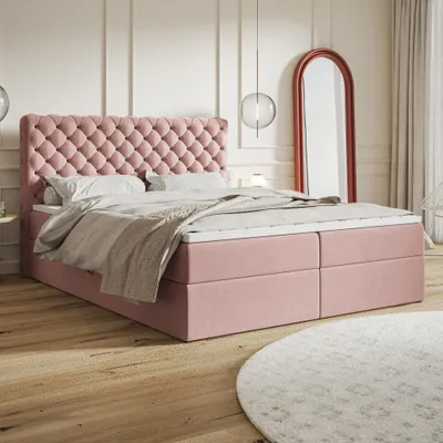 Produktbild von MOTIVENA Nero Chesterfield Boxspringbett 180x200 Rosa Samt (Jasmine 61), Bonellfederkern-Matratze (H4), T28 Komfortschaumstoff Topper (H3)
