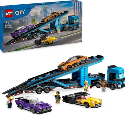 Produktbild von LEGO City Autotransporter mit Sportwagen, Set mit 4 Spielzeugautos für Jungen und Mädchen ab 7 Jahren, Weihnachts- oder Geburtstagsgeschenk, 4 Minifiguren für Rollenspiele 60408
