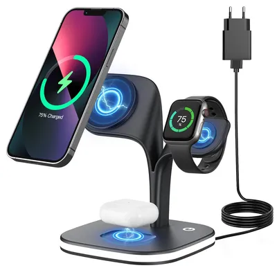 Produktbild von 4-in-1 Magnetisches Ladegerät – 23 W Wireless Charger mit Nachtlicht für Apple Geräte,Schwarz
