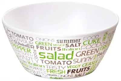 Produktbild von Kunststoffschale für Obst und Salate, Durchmesser 15 cm, Höhe 7 cm, Motiv-Schriftzug