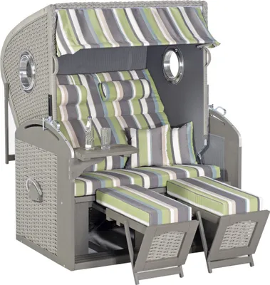 Produktbild von SUNNY SMART Rustikal 305 Z Bullauge Comfort XL Strandkorb, Pinienholz/Geflecht, stone-grey/grau 1226, inkl. seitl. Fenster und Rückholfedern
