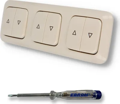 Produktbild von EBROM SET IDEE: BUSCH JÄGER 3 x Jalousietaster Rolladentaster 2020/4 US (2020/4US) DURO2000 cremeweiß glänzend Komplettset mit Aufdruck Pfeil auf/ab + EBROM Phasenprüfer zur Montage