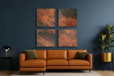 Produktbild von CopperAndCraft Kupfer Wandkunst 4er Set 100x100 cm, Handgefertigtes Metallbild mit Patina, Wanddeko für Wohnzimmer Küche, Moderne Einrichtung