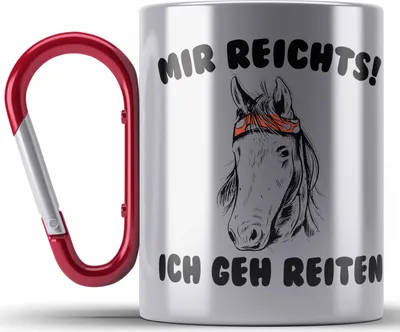 Produktbild von Trendation - Reiterin Edelstahl Tasse Karabiner - Mir Reichts Ich Geh Reiten - Pferde Edelstahl Tasse Karabiner Karabiner Edelstahl Tasse Karabiner Edelstahl Mädchen Geschenk Pferdeliebhaber Sprüch (Rot)