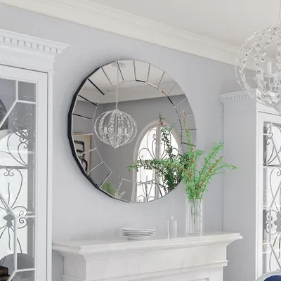 Produktbild von Vrygle Wandspiegel Rund Ø80cm, Luxus Spiegel Silber HD Glas mit Metallhalterung – Dekorativer Spiegel für Flur, Wohnzimmer, Schlafzimmer & Badezimmer