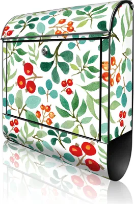 Produktbild von banjado Design Briefkasten Stahl schwarz mit Zeitungsfach pulverbeschichtet "Beeren und Blätter" 38x46x12,5cm & 2 Schlüssel - Postkasten A4 Einwurf inkl. Montagematerial [BKSCH 12605]
