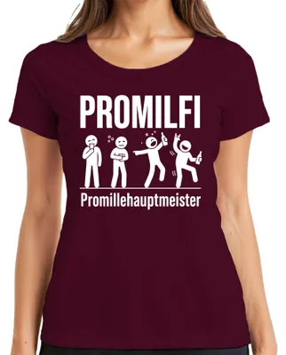 Produktbild von PROMILFI Promillehauptmeister Lustig Saufen Bier Party JGA Alkohol Damen T-Shirt, Burgundy, L