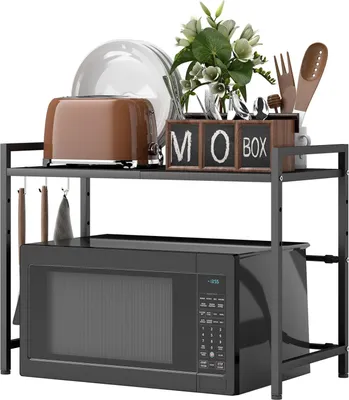 Produktbild von Mikrowellenregal, 3 Haken, ausziehbar, Metall, 40 cm hoch, Schwarz