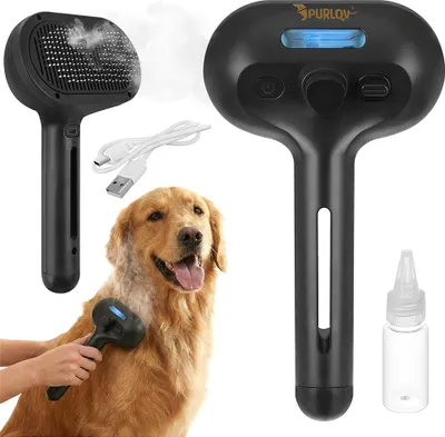 Produktbild von Elektrische Dampfbürste für Haustiere PURLOV – Hund & Katze, Sanftes Bürsten, LED-Wasserstand, USB-C, 210 weiche Borsten, Leise ≤36 dB, Schwarz
