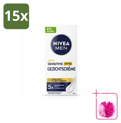 Immagine prodotto di 15 confezioni di crema viso NIVEA MEN Sensitive, con SPF 15, da 75 ml ciascuna - confezione - 15 pezzi