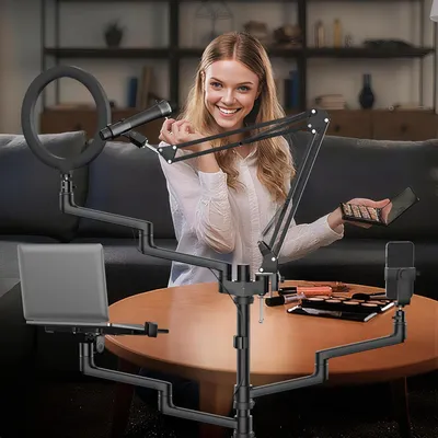 Productafbeelding van 4-In-1 Statief - Camerastatief - Fotostatief - Smartphonehouder - Ringlichtstatief - Op Wielen