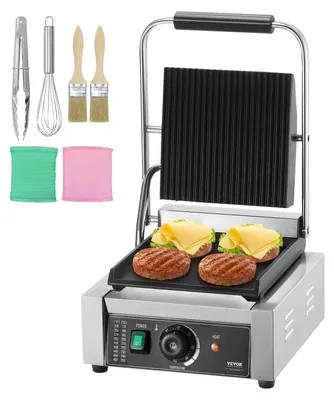 Image de Grill à panini commercial VEVOR, appareil à sandwichs et paninis électrique 1800 W, presse-sandwichs en acier inoxydable, grill à panini avec réglage de la température et plaque émaillée plate de 23 x 23 cm