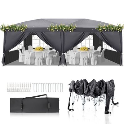 FCH Pavillons & Partyzelte 3x6m, Festzelt Faltpavillon Gartenzelt für Garten Terrasse Feier Party, Wasserdicht & UV-Schutz mit 6 Seitenteilen,Grau
