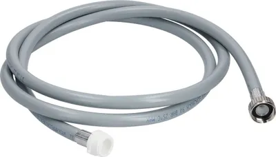 A coiled gray hose with metal and plastic connectors on a white background.