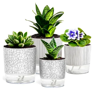 Produktbild von 4 Stück Selbstbewässernde Blumentöpfe Set, 11 cm + 14 cm Pflanzentöpfe mit Bewässerungssystem für Kräuter, Orchideen und Sukkulenten