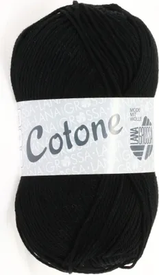 A ball of black yarn with a label.