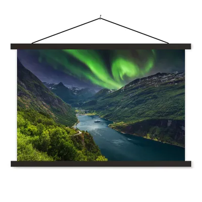 Produktbild von MuchoWow® Textilposter Nordlichter - Berg - Boot - Norwegen 150x100 cm mit schwarzem Rahmen - Schlafzimmer