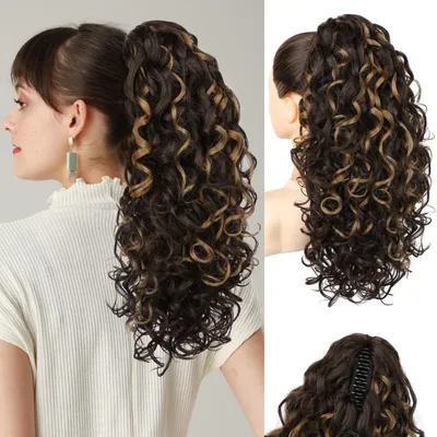 Productafbeelding van Paardenstaart haarverlenging, 46 cm, bruin met lichte blonde highlights, met clip