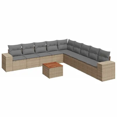 Produktbild von vidaXL 10-tlg. Garten-Sofagarnitur mit Kissen Beige Poly Rattan