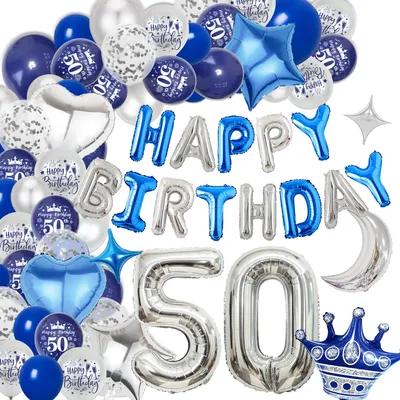 Produktbild von Dekoration zum 50. Geburtstag Set XXL-Ballons in Blau und Silber mit der Zahl 50 ZŁE OPISY