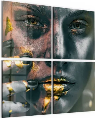 Produktbild von DEQORI Glasbild Echtglas 4x50x50 cm 'Frau mit Gold im Gesicht' Wandbilder XXL groß