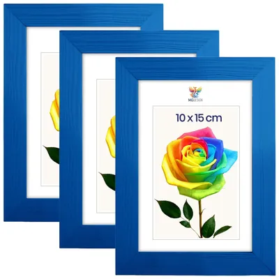 Produktbild von MG Design 3er Set Bilderrahmen Blau A6 10x15 cm - Echtholzrahmen mit Acrylglas, hoch/quer, zum Aufhängen & Aufstellen