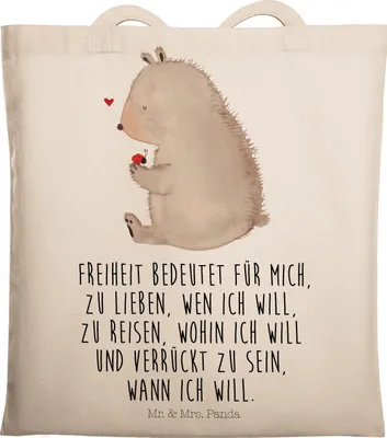 Produktbild von Mr. & Mrs. Panda Stoffbeutel Bär Marienkäfer - Transparent - Geschenk, dokumententasche, Einkaufstasche, Freiheit, Liebe, Teddy, Das Leben Ist schön, Motivation, Tasche