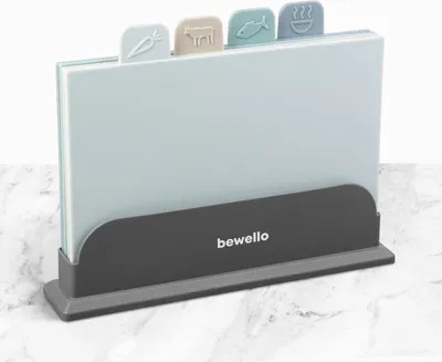 Produktbild von Bewello – 4-teiliges Schneidebrett-Set – Schneidebrett-Set mit Halter – Kunststoff-Schneidebrett
