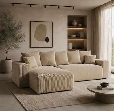 Produktbild von Ecksofa MUBI L-Form, Universal, Modernes Bettsofa mit Schlaffunktion und Bettkasten, Schlafsofa, Couch beidseitig montierbar, CAPPUCCINO - POSO 02, KI-generiertes Bild