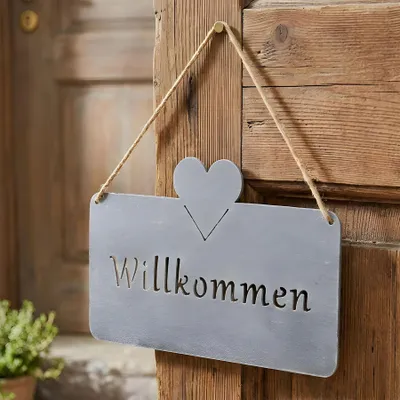 Produktbild von Türschild Willkommen Grau Beton Optik 25x16 cm Eisen Metall Wandbild Gartenschild Herz Dekoration Haustür Außendeko Hängedeko Garten