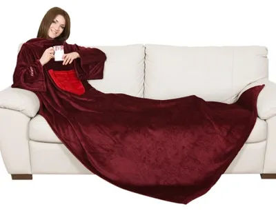 Image de Couverture polaire - Avec manches - 140 x 210 cm - Bordeaux - Poche avant