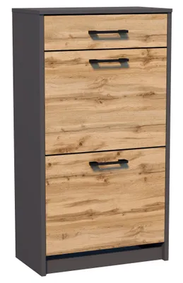 Zdjęcie produktu dla Szafka na Buty Grafit/Dąb Wotan z dodatkową Szufladą 2 Uchylne Fronty 4 Poziomy na Buty K034G/W