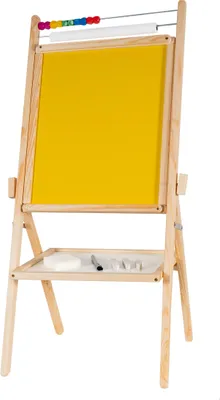 A wooden easel with a yellow board and an abacus at the top.