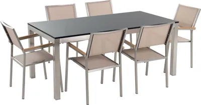 Produktbild von BELIANI Gartenmöbel Set Schwarz Beige Granit Edelstahl Tisch 180 cm Poliert 6 Stühle Terrasse Outdoor Modern