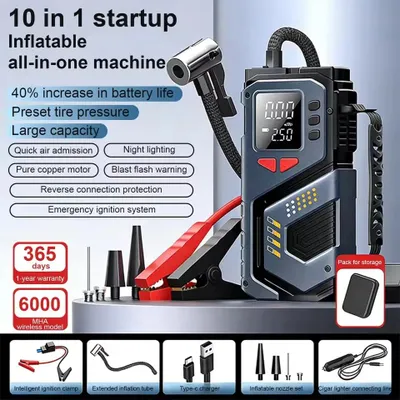 Produktbild von Starthilfe für Auto - 12 V Jumpstarter - 150 PSI Luftkompressor - 6000 mAh Akku - LED-Licht - Reifendruckmesser - Tragbar