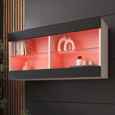 Obrázok produktu pre Komodee, Závesná vitrína skriňa Tivoli, Čierna/Biela, Šírka 100 cm x Výška 50 cm x Hĺbka 29 cm, LED RGB, 2 police, do obývačky, spálne, predsiene