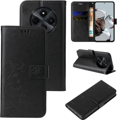 A collage of images showing a black flip phone case with a floral and butterfly embossed design.