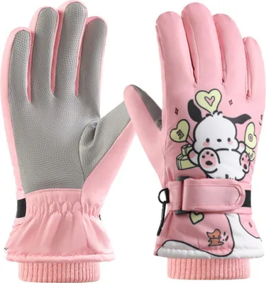 A pair of pink children's winter gloves with a cartoon character design.