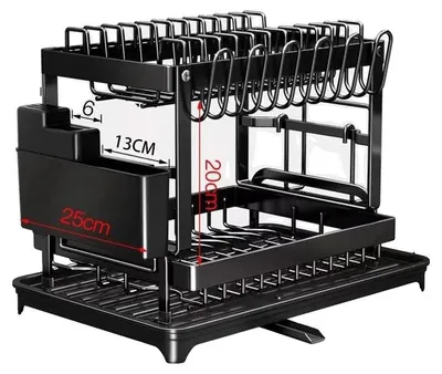 Obrázek produktu pro Odkapávač na nádobí, nastavitelný úložný prostor, odtokový systém 360°, černý, dvoupatrový