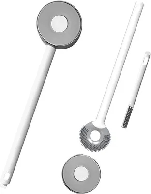 Produktbild von Silikon WC-Bürste, lange Stiel, WC-Bürste mit Reinigungsbürste und Halter, ideal für Badezimmer oder Gästetoilet, weiß-grau.